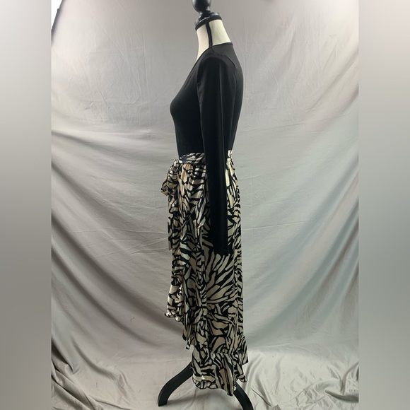 Black/Cream Asymmetrical Ruffle Hem Belted Dress - Picture 7 of 8